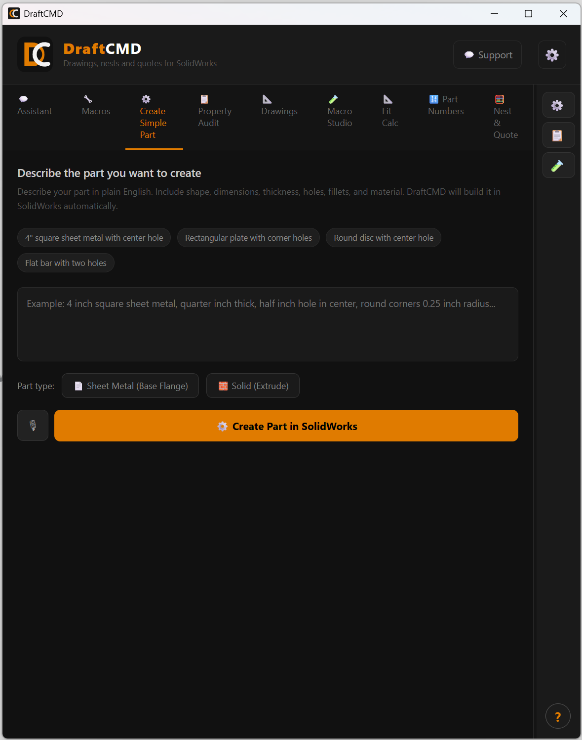 The Create Simple Part tab with example buttons, a description box, a part type choice of sheet metal or solid, and a Create Part in SolidWorks button.