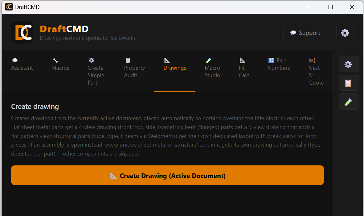 The Drawings tab with the Create Drawing (Active Document) button and a description of the view layouts.