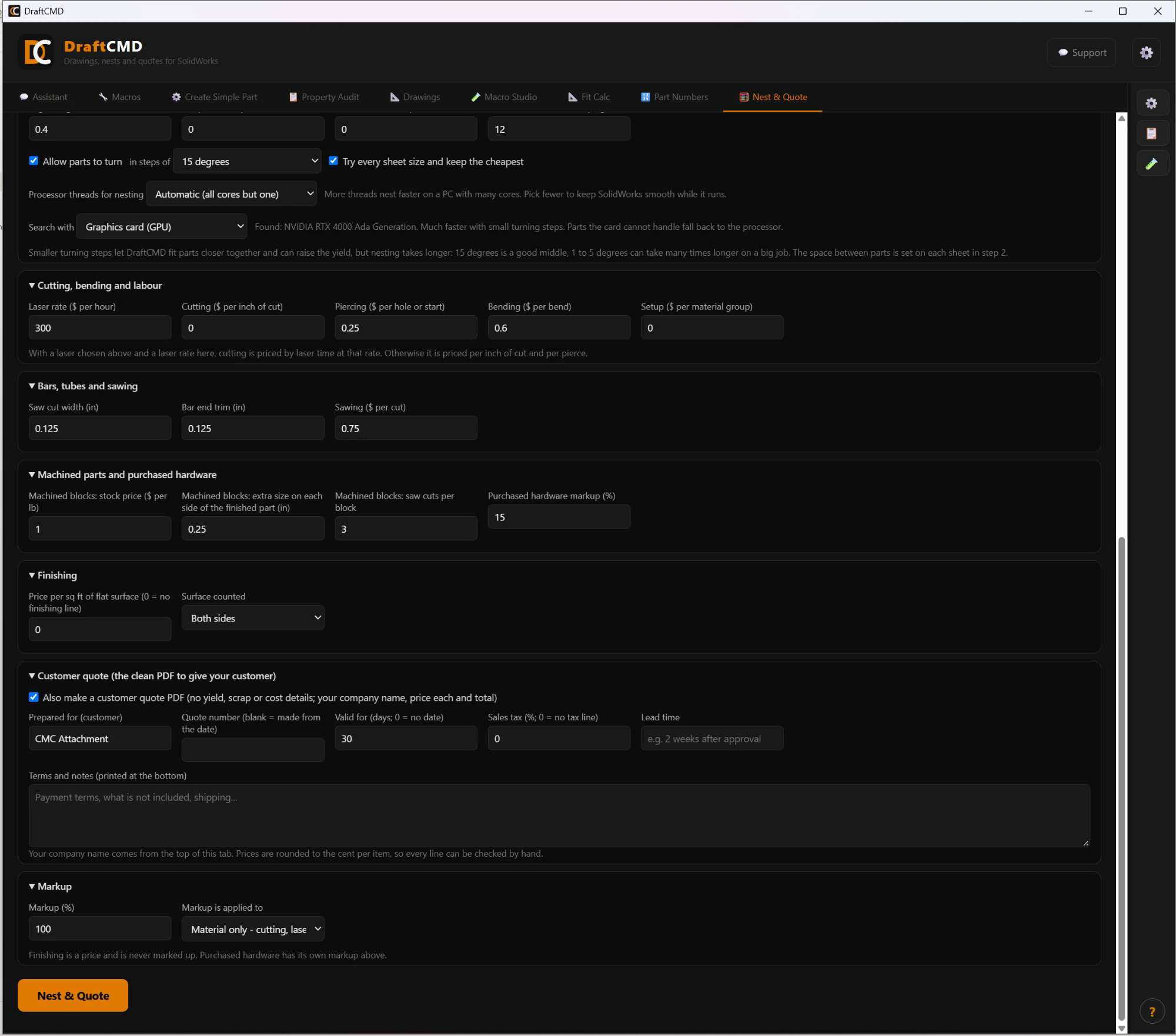 The Nest and Quote tab: choose parts, stock sizes and material prices, nesting rules, and costs and markup, with a Nest and Quote button at the bottom.