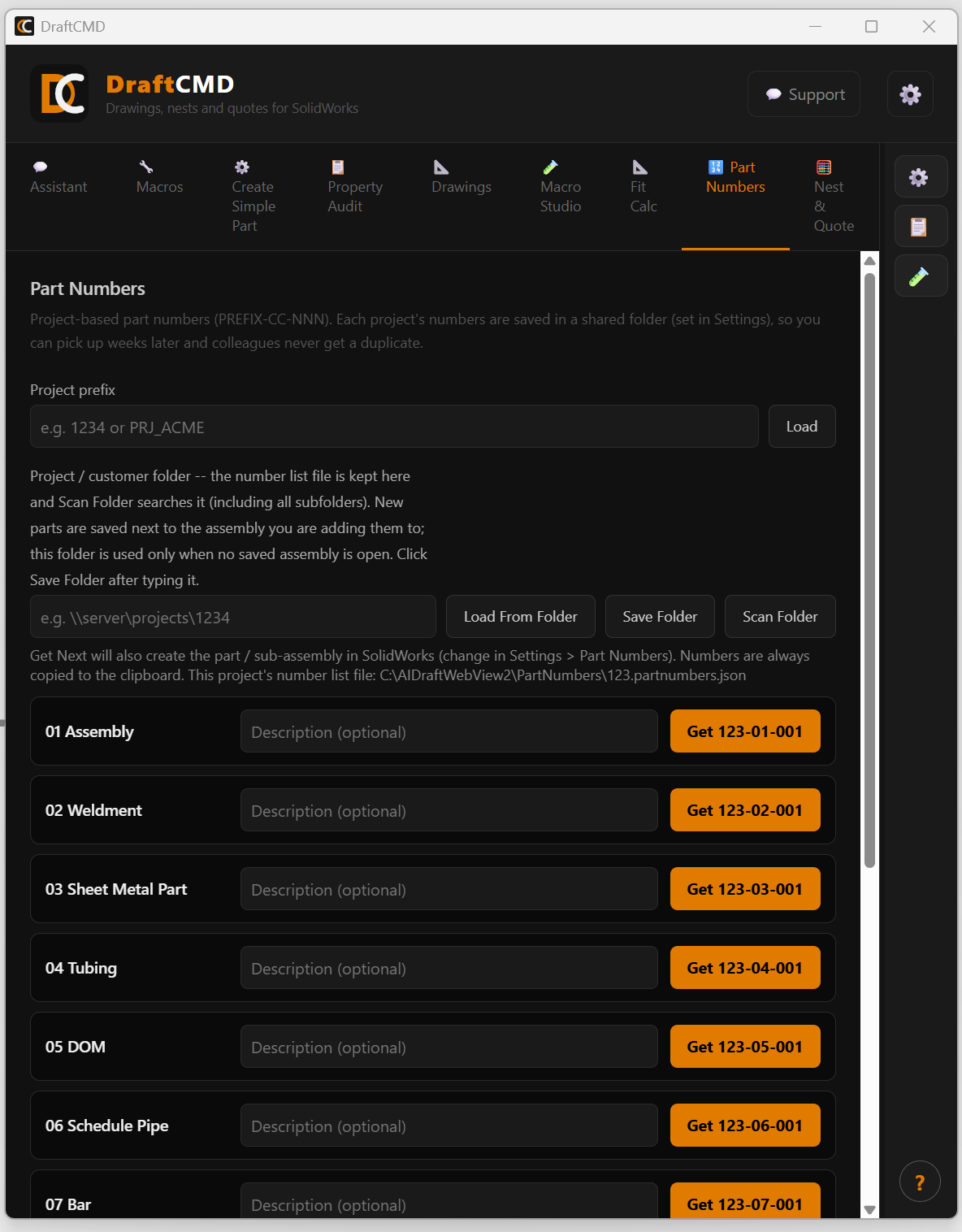 The Part Numbers tab with a project prefix, a project folder, and rows for assembly, weldment, sheet metal part, tubing and other categories, each with a Get button showing the next number.
