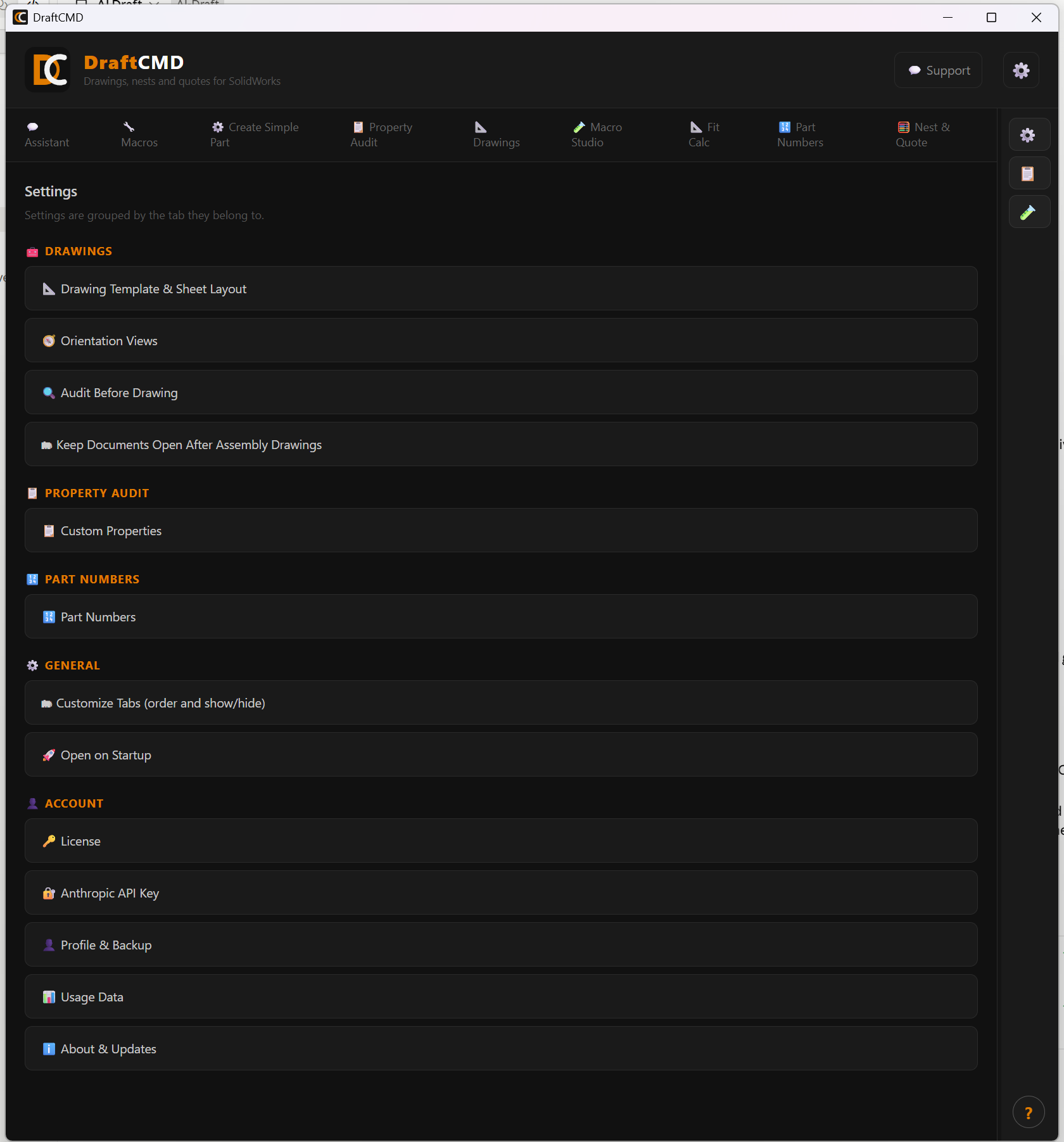 The Settings screen listing categories: custom properties, drawing template and sheet layout, audit before drawing, orientation views, open on startup, license, Anthropic API key, about and updates, part numbers, and keep documents open after assembly drawings.
